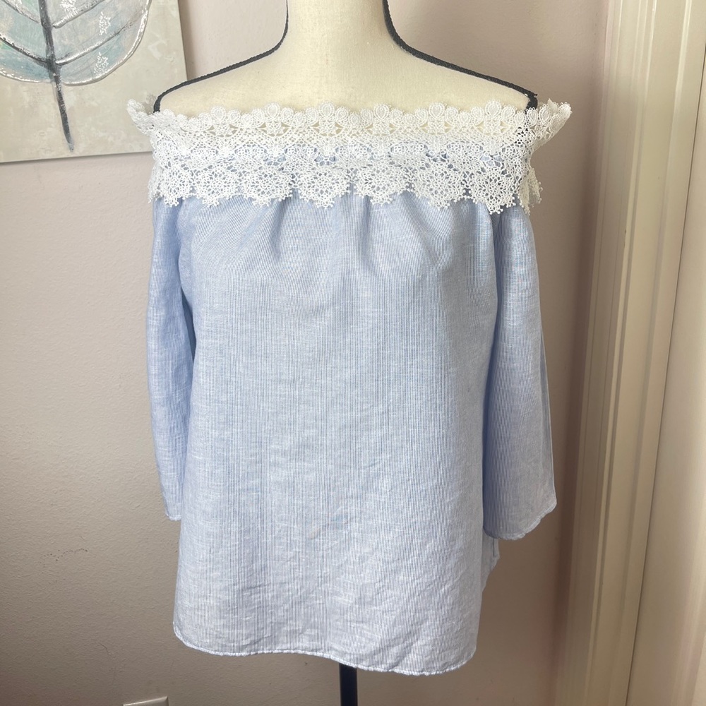 Zara Basics blue off shoulder lace blouse